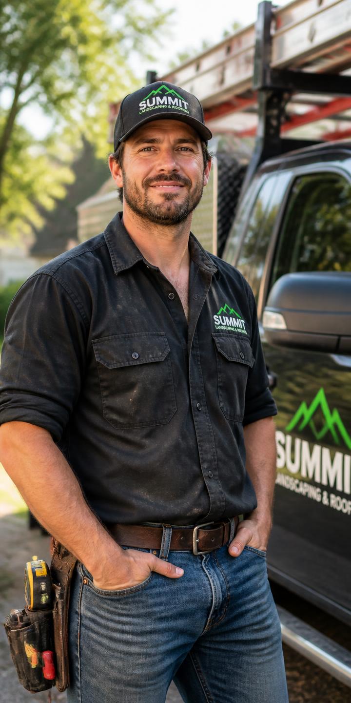 Landscaping and roofing contractor standing beside his work truck